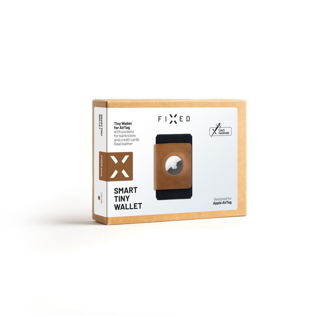 FIXED bőr pénztárca külső AirTag tartóval, barna