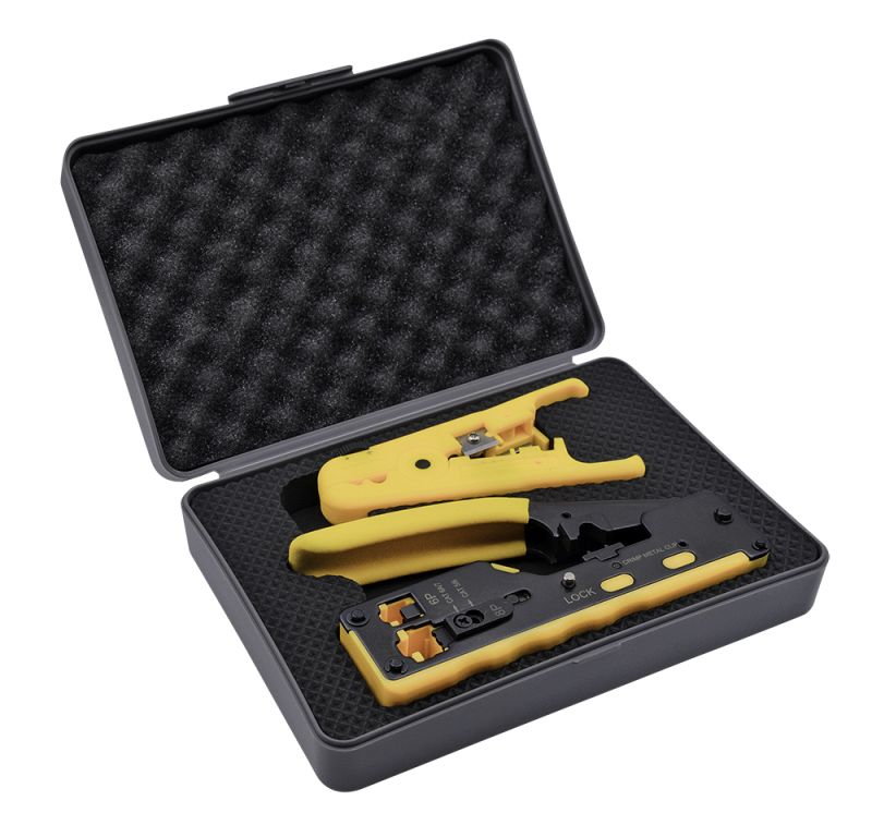 Nestron Moduláris krimpelő fogó átfűzhető csatlakozókhoz + kábel csupaszító szerszám, dobozban