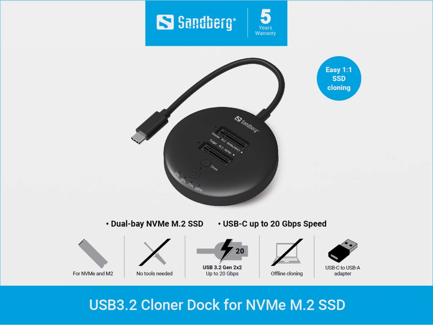 Sandberg Sandberg M.2 SSD dokkoló -USB3.2 Cloner Dock for M2+NVMe