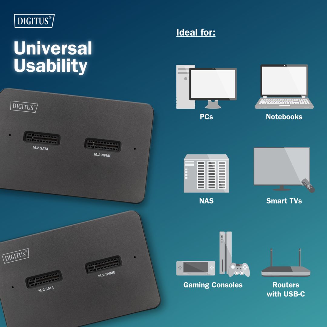 Digitus M.2 NVMe + M.2 SATA SSD Docking Station with SD Express Card Reader USB-C Black