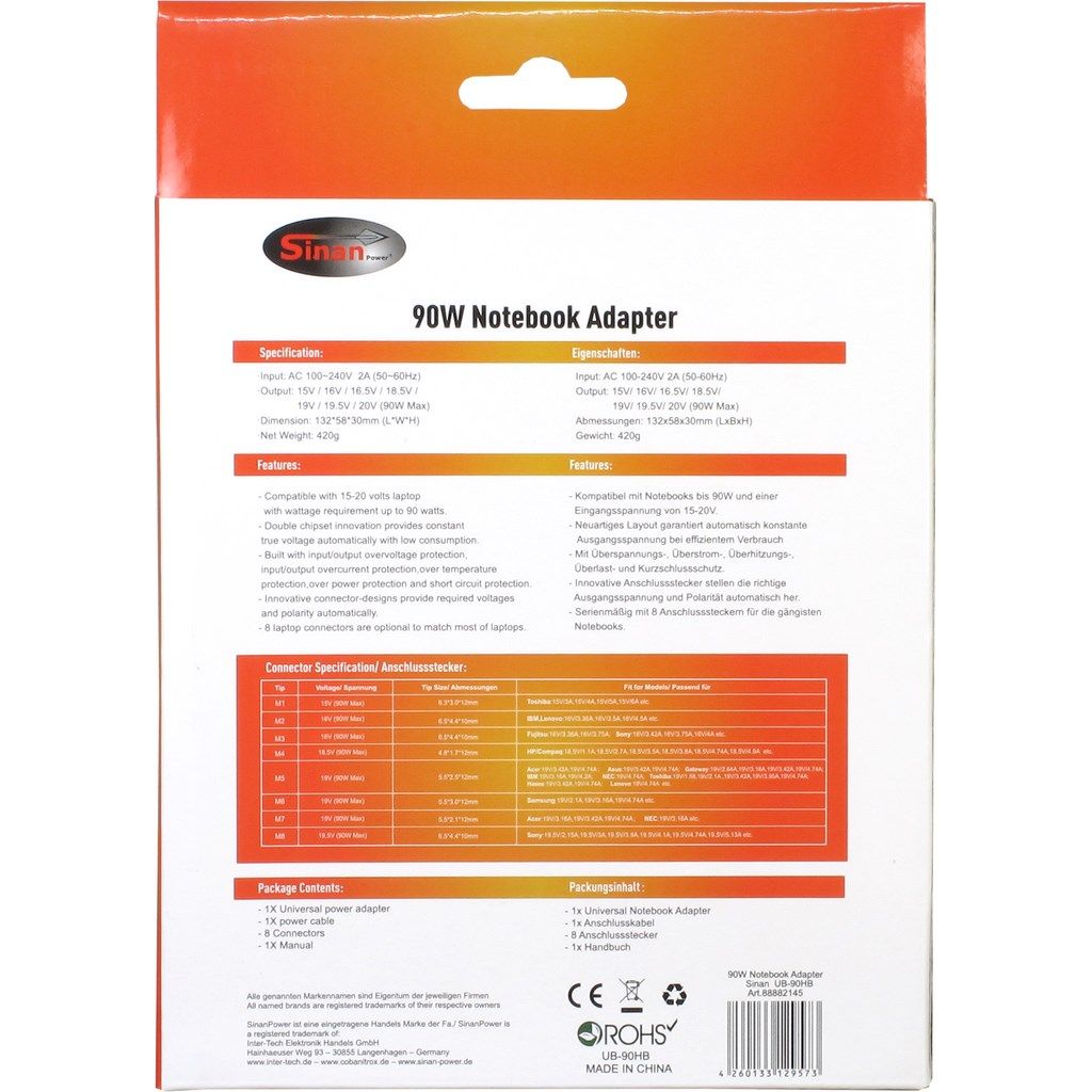 Inter-Tech Sinan UB-90HB 15-20V / 6A 90W univerzális hálózati notebook töltő