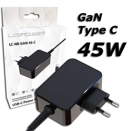 LC Power LC-NB-GAN-45-C 5-20V / 3A 45W Type-C univerzális hálózati notebook töltő