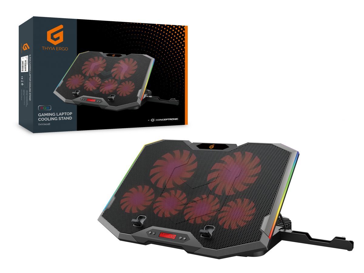 Conceptronic  THYIA01B ERGO RGB 6 ventilátoros gamer laptop hűtőpad mobiltartóval