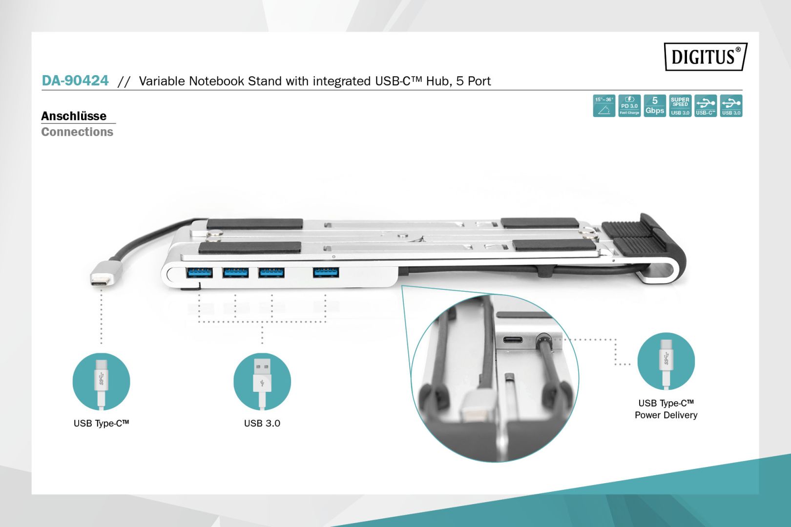 Digitus Változtatható Notebook Állvány integrált USB-C Hubbal Silver