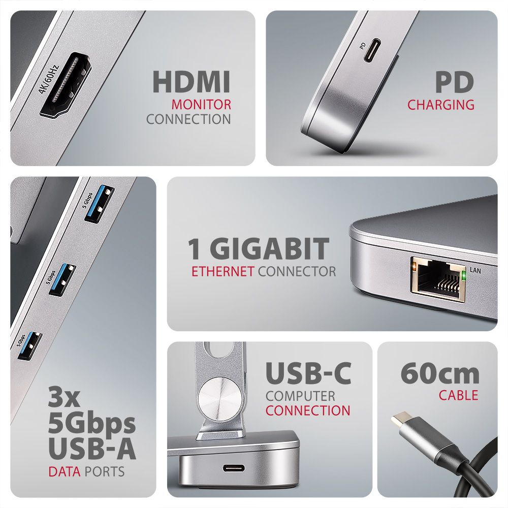 AXAGON HMC-STND Többportos USB-C 5Gbps hub és alumínium állvány laptopokhoz