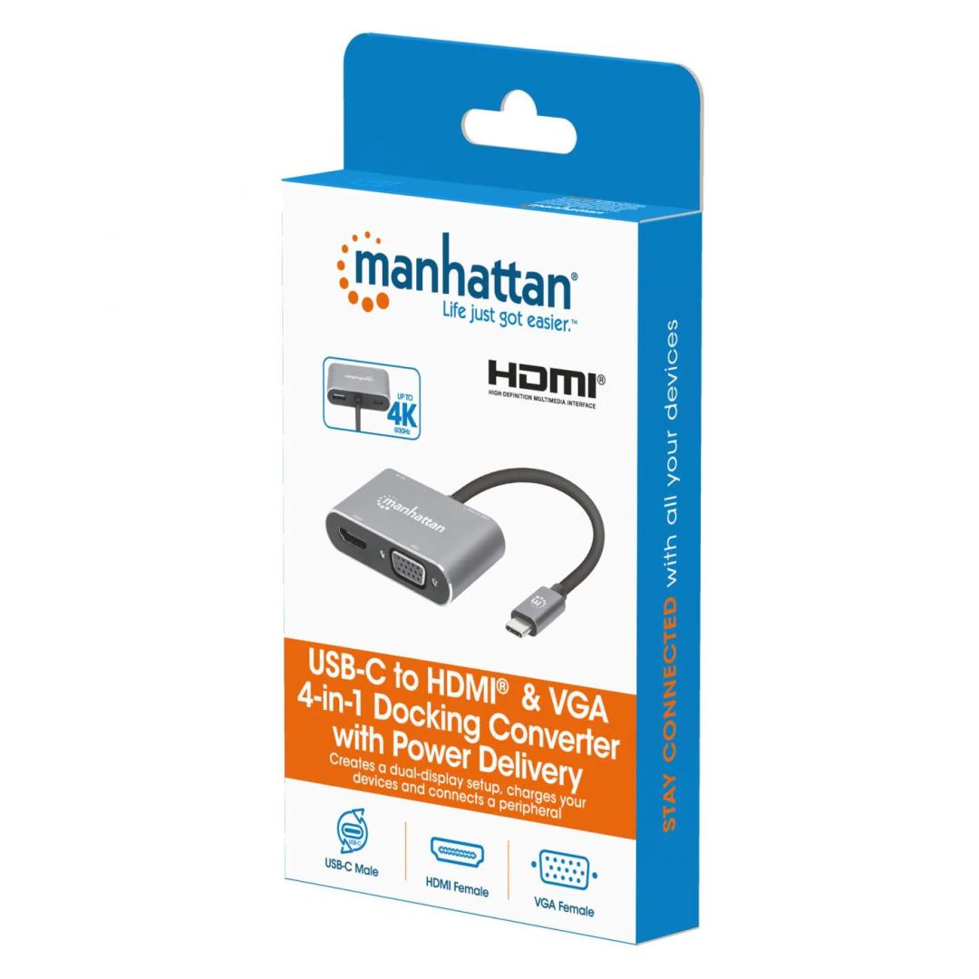 Manhattan USB-C to HDMI & VGA 4-in-1 Docking Converter with Power Delivery Space Gray