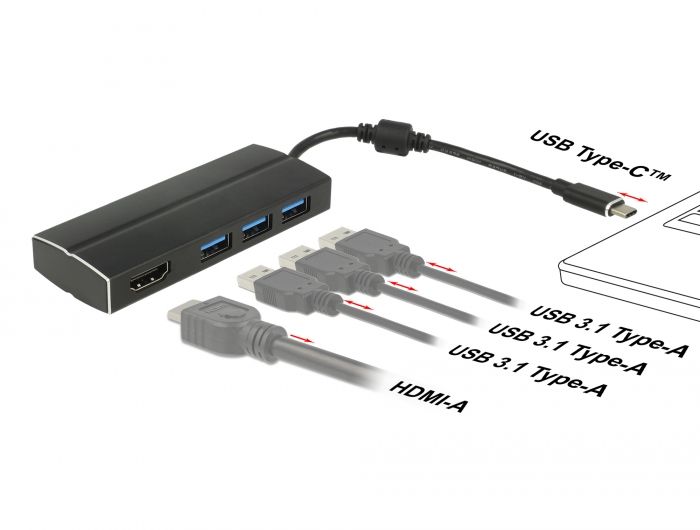 DeLock USB 3.1 Gen 1 Adapter USB Type-C to 3xUSB 3.0 Type-A Hub + 1x HDMI (DP Alt Mode) 4K 30 Hz