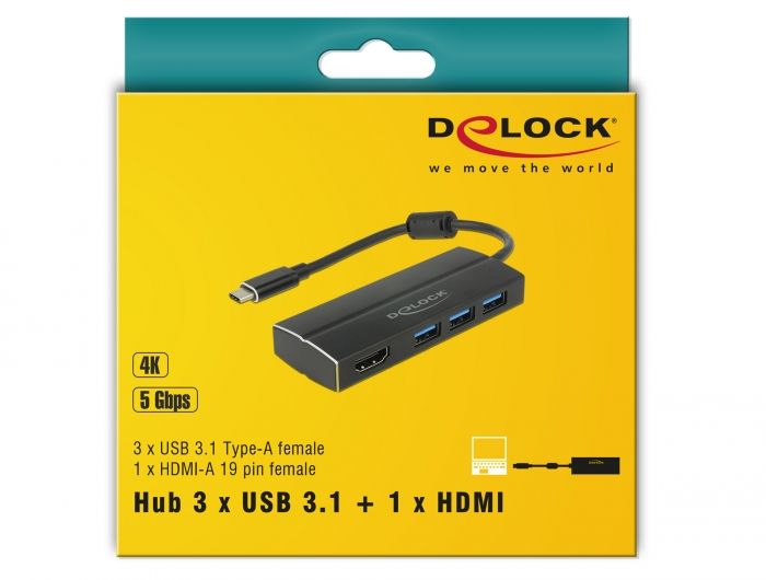 DeLock USB 3.1 Gen 1 Adapter USB Type-C to 3xUSB 3.0 Type-A Hub + 1x HDMI (DP Alt Mode) 4K 30 Hz