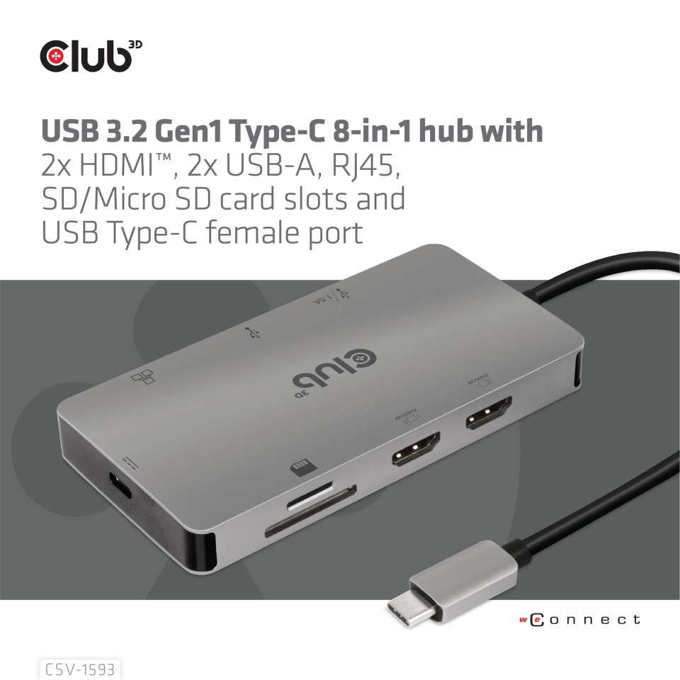 Club3D USB3.2 Gen1 Type-C 8-in-1 hub with 2xHDMI / 2xUSB-A / RJ45 / SD/Micro SD card slots and USB Type-C female port