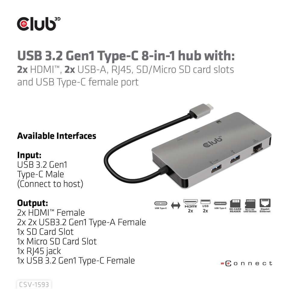 Club3D USB3.2 Gen1 Type-C 8-in-1 hub with 2xHDMI / 2xUSB-A / RJ45 / SD/Micro SD card slots and USB Type-C female port