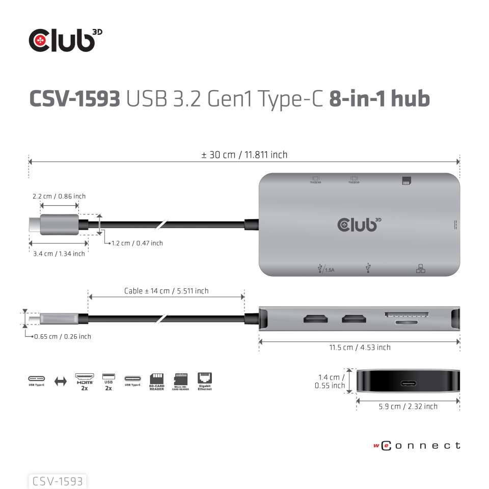 Club3D USB3.2 Gen1 Type-C 8-in-1 hub with 2xHDMI / 2xUSB-A / RJ45 / SD/Micro SD card slots and USB Type-C female port