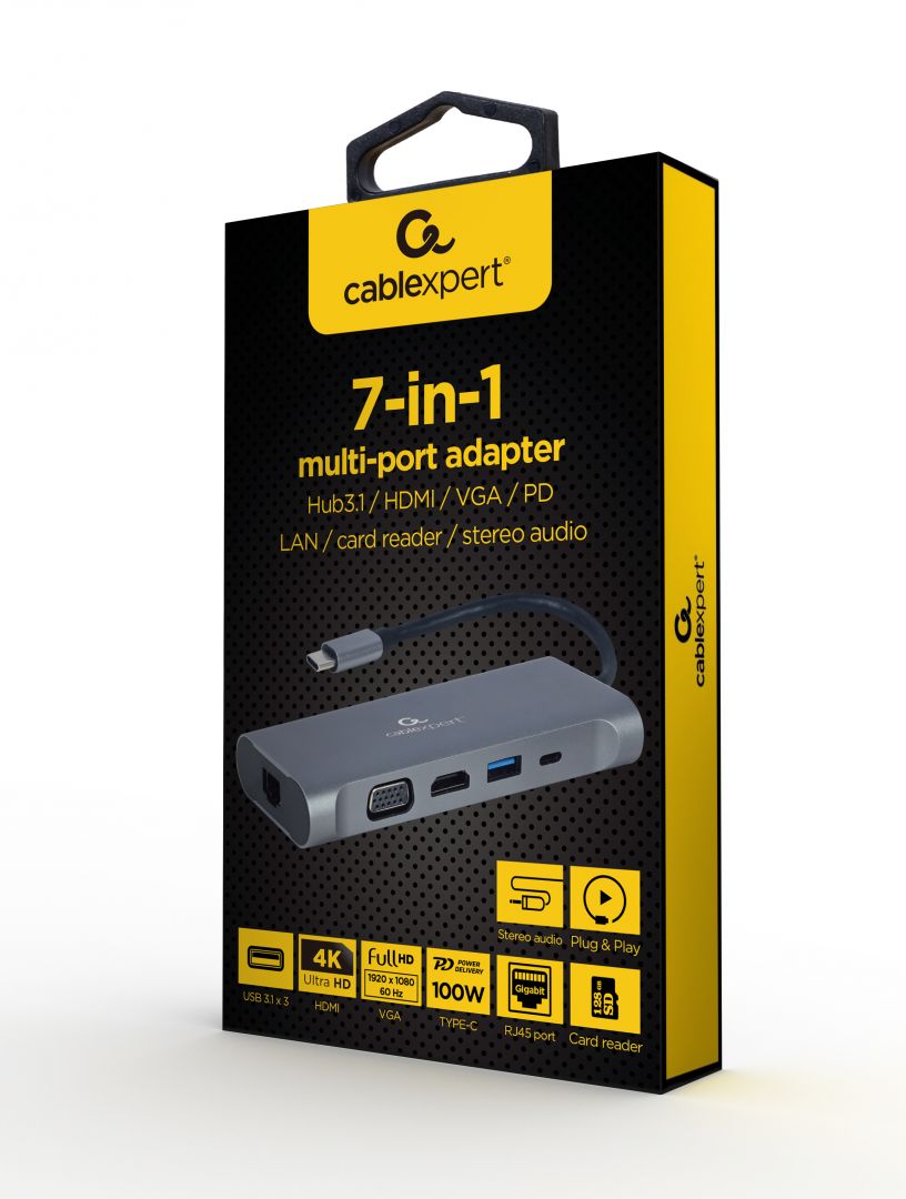 Gembird A-CM-COMBO7-01 USB Type-C 7-in-1 Multi-Port Adapter Space Grey