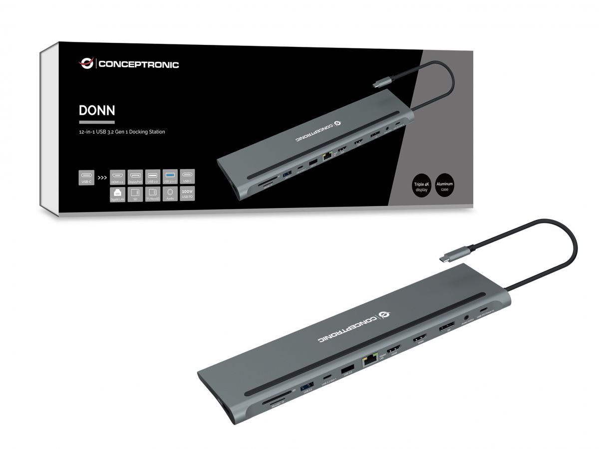 Conceptronic  DONN17G 12-in-1 USB 3.2 Gen 1 Docking Station Grey