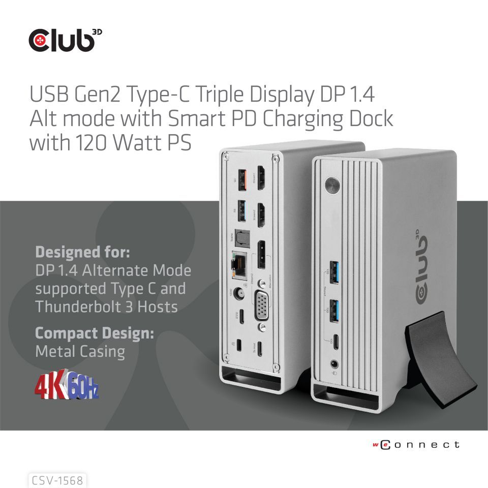 Club3D USB Gen2 Type-C Triple Display DP 1.4 Alt mode Smart PD Charging Dock with 120 Watt PSU