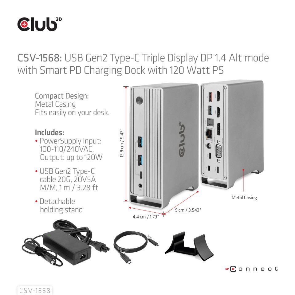 Club3D USB Gen2 Type-C Triple Display DP 1.4 Alt mode Smart PD Charging Dock with 120 Watt PSU