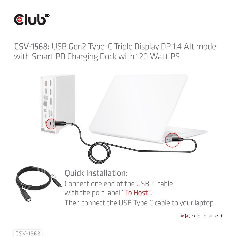 Club3D USB Gen2 Type-C Triple Display DP 1.4 Alt mode Smart PD Charging Dock with 120 Watt PSU