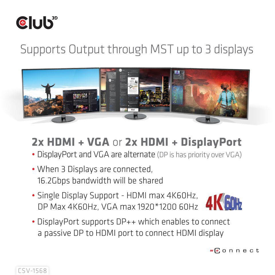 Club3D USB Gen2 Type-C Triple Display DP 1.4 Alt mode Smart PD Charging Dock with 120 Watt PSU