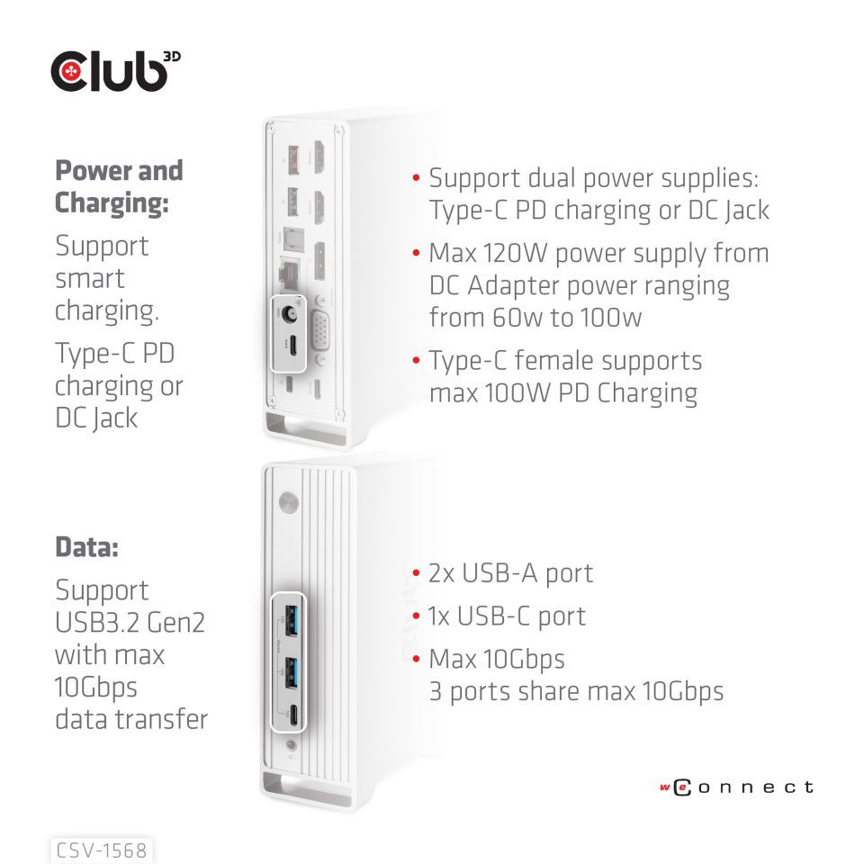 Club3D USB Gen2 Type-C Triple Display DP 1.4 Alt mode Smart PD Charging Dock with 120 Watt PSU