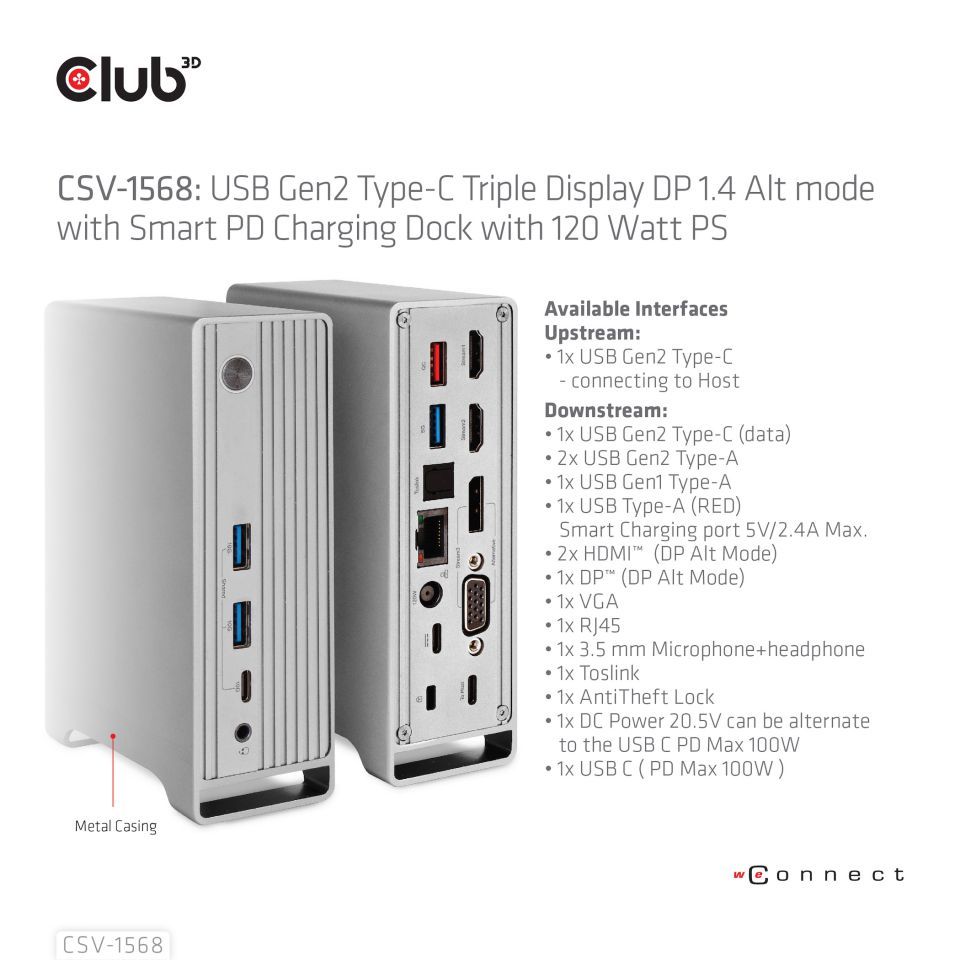 Club3D USB Gen2 Type-C Triple Display DP 1.4 Alt mode Smart PD Charging Dock with 120 Watt PSU