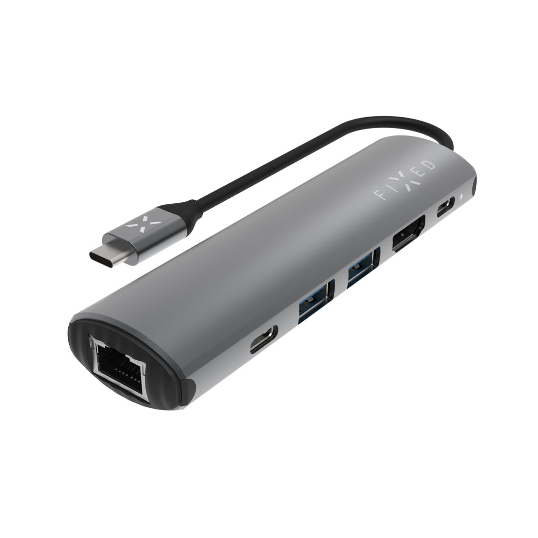 FIXED USB Type-C adapter, 2*USB-A, 1*-USB-C, 1*USB-C PD 100W, 1*RJ45 Gigabit, 1*HDMI 1.4  4k @ 60Hz, aluminium ház