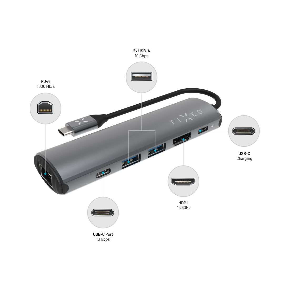 FIXED USB Type-C adapter, 2*USB-A, 1*-USB-C, 1*USB-C PD 100W, 1*RJ45 Gigabit, 1*HDMI 1.4  4k @ 60Hz, aluminium ház