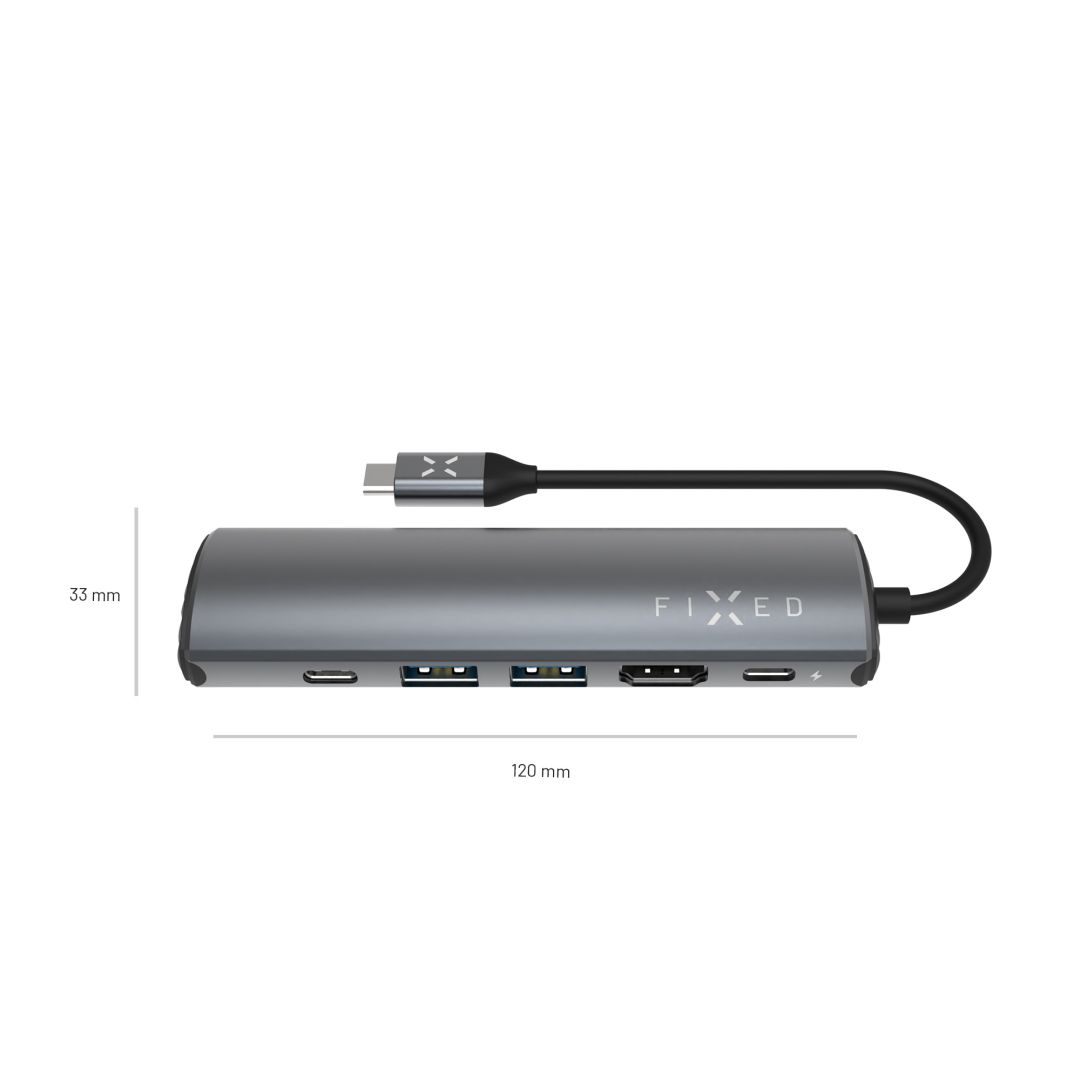 FIXED USB Type-C adapter, 2*USB-A, 1*-USB-C, 1*USB-C PD 100W, 1*RJ45 Gigabit, 1*HDMI 1.4  4k @ 60Hz, aluminium ház