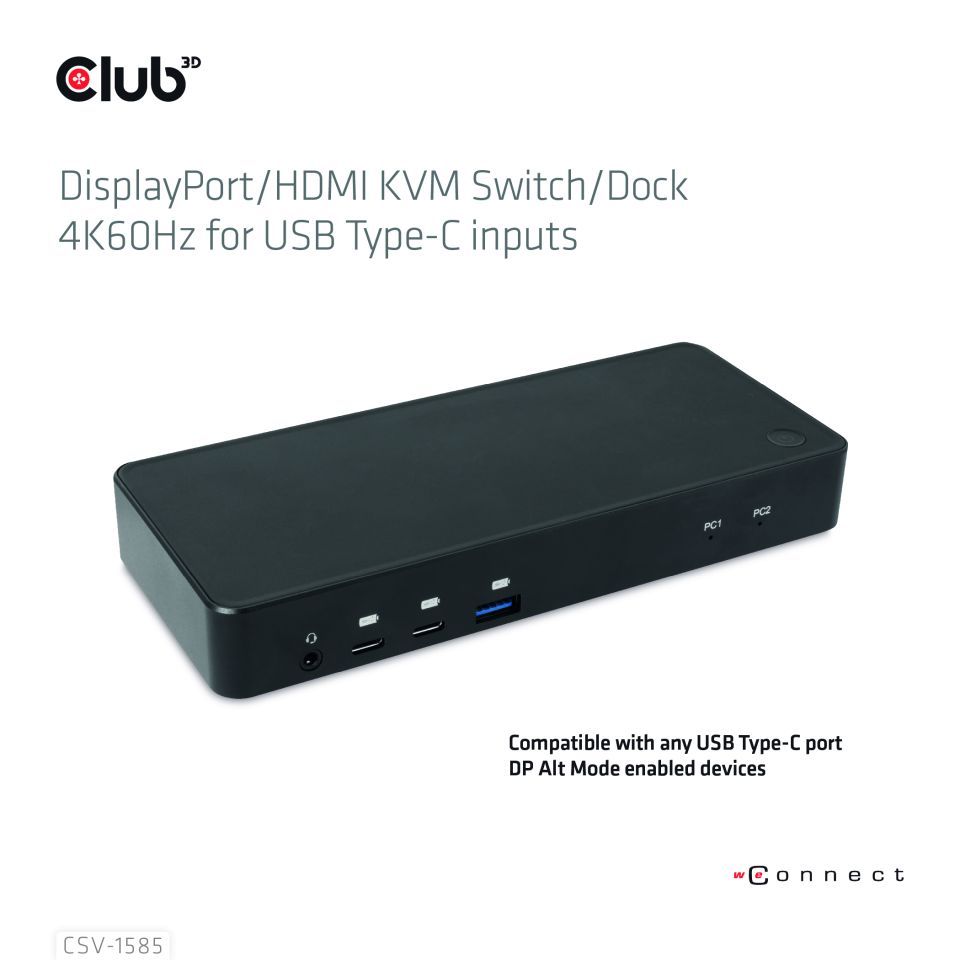 Club3D CSV-1585 DisplayPort/HDMI KVM Switch/Dock 4K60Hz For USB Type-C inputs Black