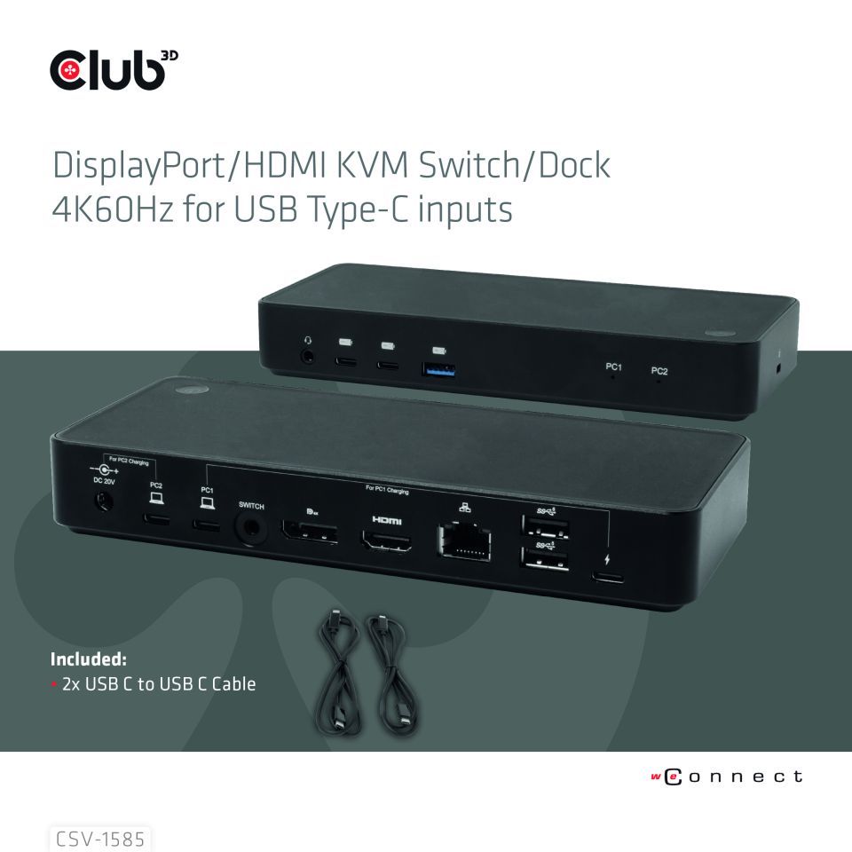 Club3D CSV-1585 DisplayPort/HDMI KVM Switch/Dock 4K60Hz For USB Type-C inputs Black