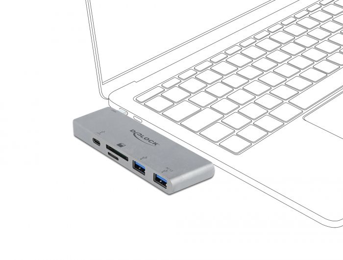 DeLock 3 Port Hub and 2 Slot Card Reader for MacBook with PD 3.0 and retractable USB Type-C Connection