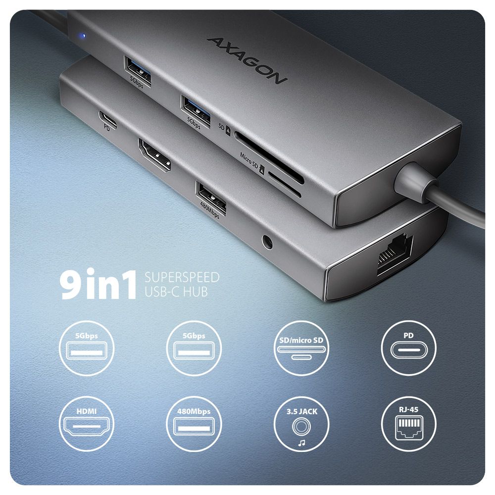 AXAGON HMC-8HLSA USB-C 5Gbps 9in1 hub Grey