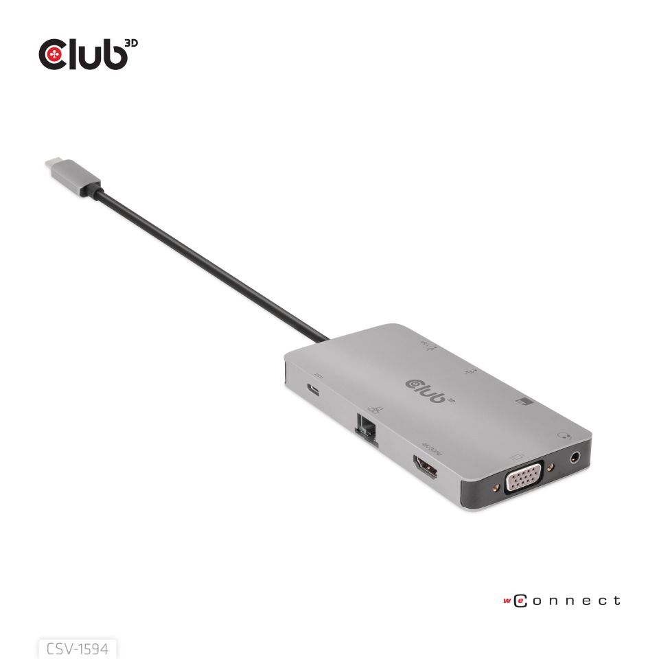 Club3D USB Gen1 Type-C 9-in-1 hub with HDMI, VGA, 2x USB Gen1 Type-A, RJ45, SD/Micro SD card slots and USB Gen1 Type-C Female port