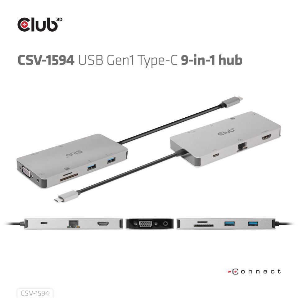 Club3D USB Gen1 Type-C 9-in-1 hub with HDMI, VGA, 2x USB Gen1 Type-A, RJ45, SD/Micro SD card slots and USB Gen1 Type-C Female port