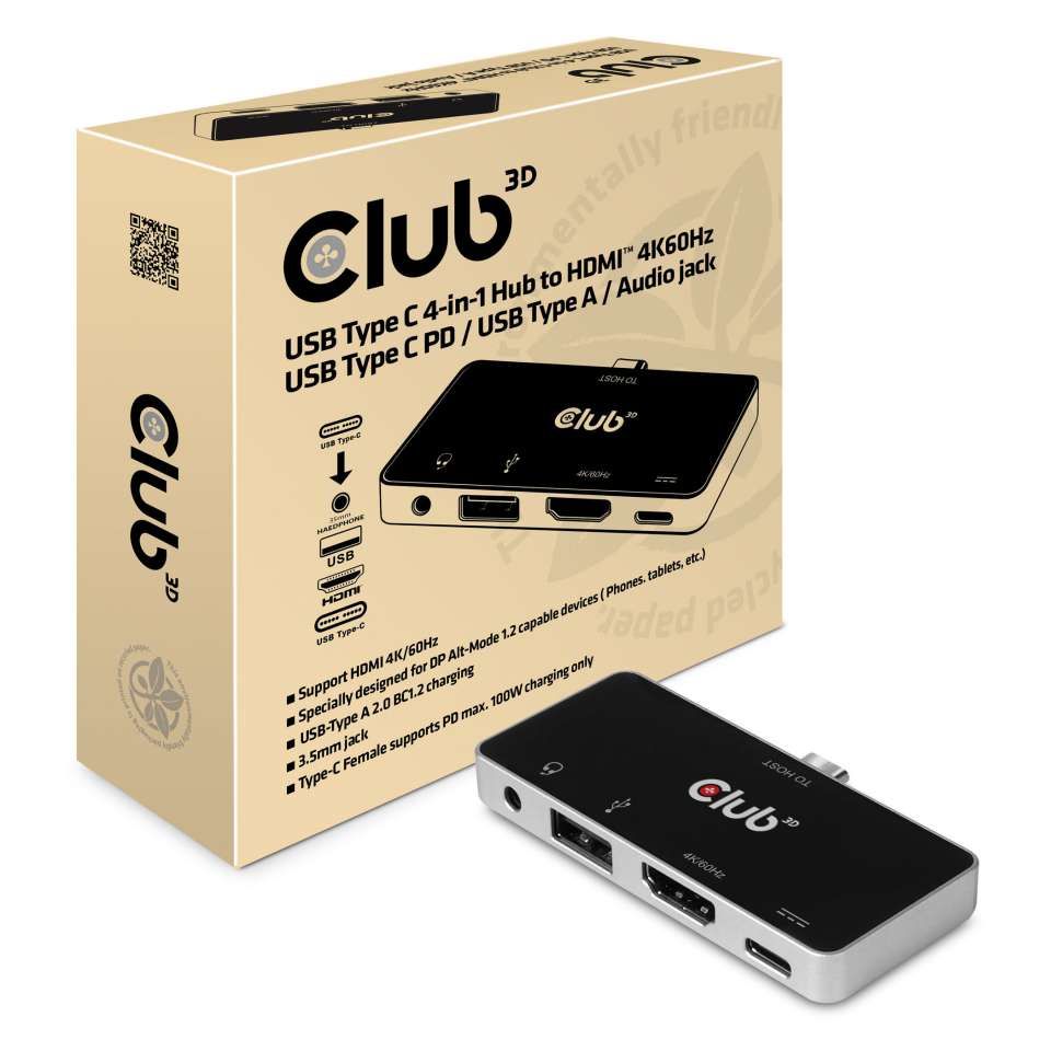 Club3D USB Type C 4-in-1 Hub to HDMI 4K60Hz USB Type C PD / USB Type A / Audio jack