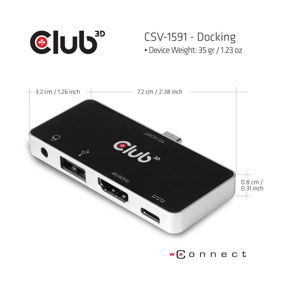 Club3D USB Type C 4-in-1 Hub to HDMI 4K60Hz USB Type C PD / USB Type A / Audio jack