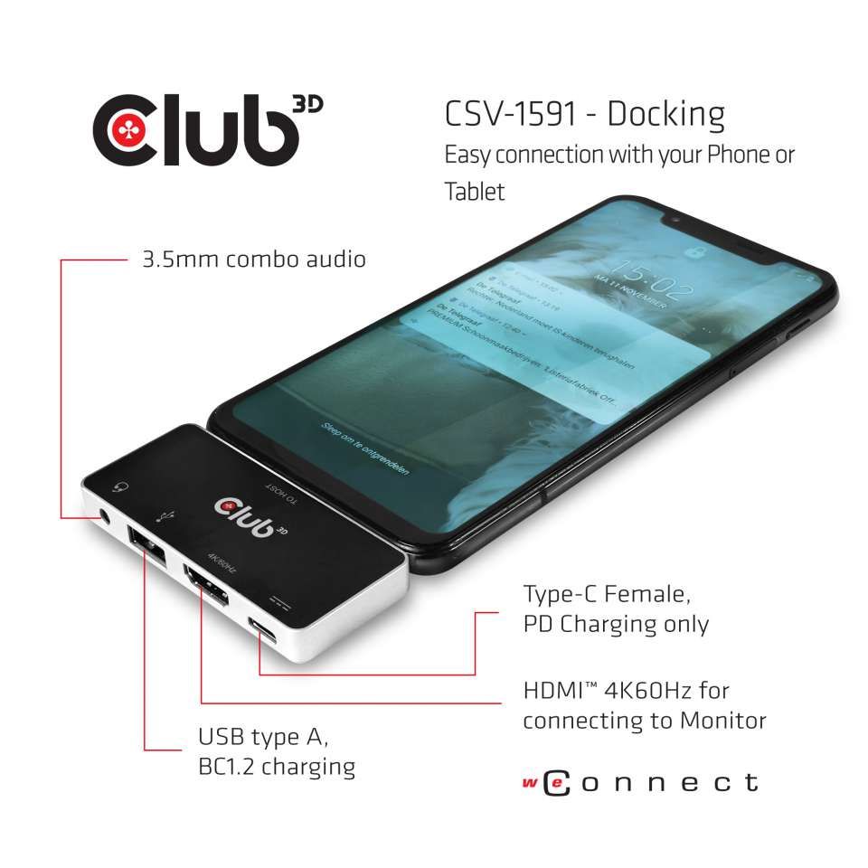 Club3D USB Type C 4-in-1 Hub to HDMI 4K60Hz USB Type C PD / USB Type A / Audio jack