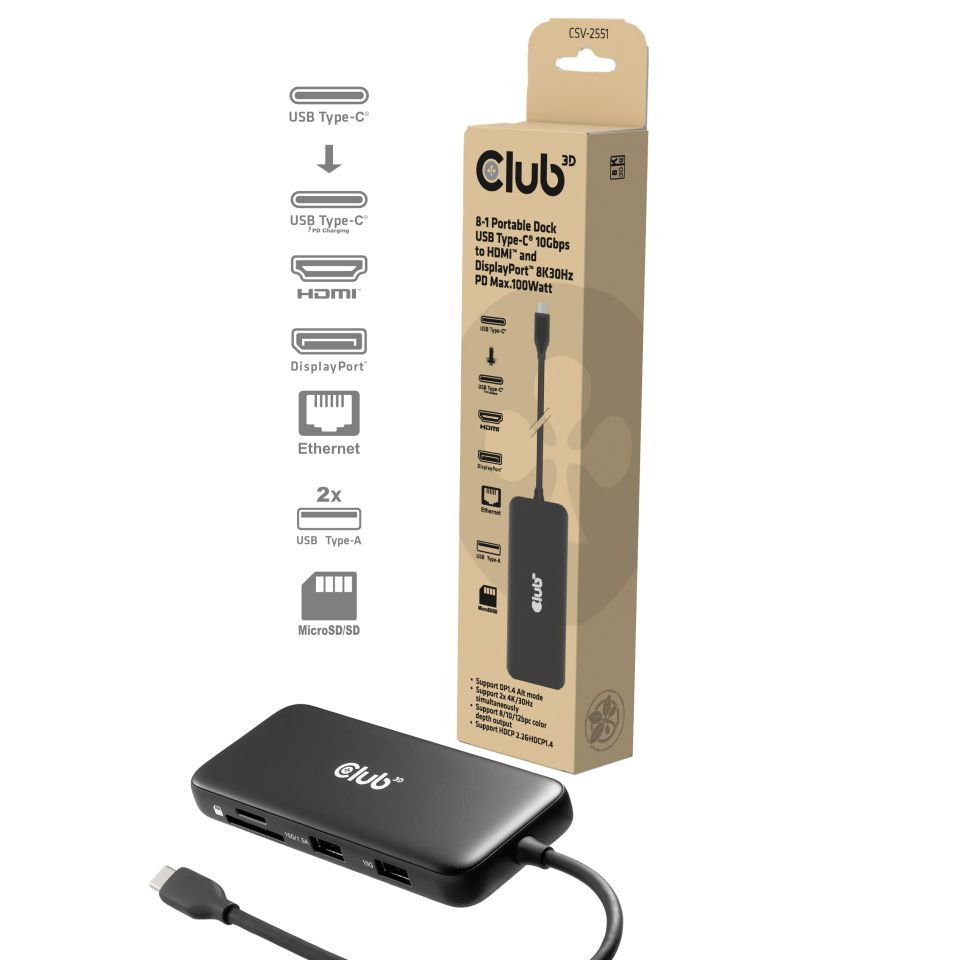 Club3D 8-1 Portable Dock USB Type-C 10Gbps to HDMI and DisplayPort 8K30Hz PD Max.100Watt