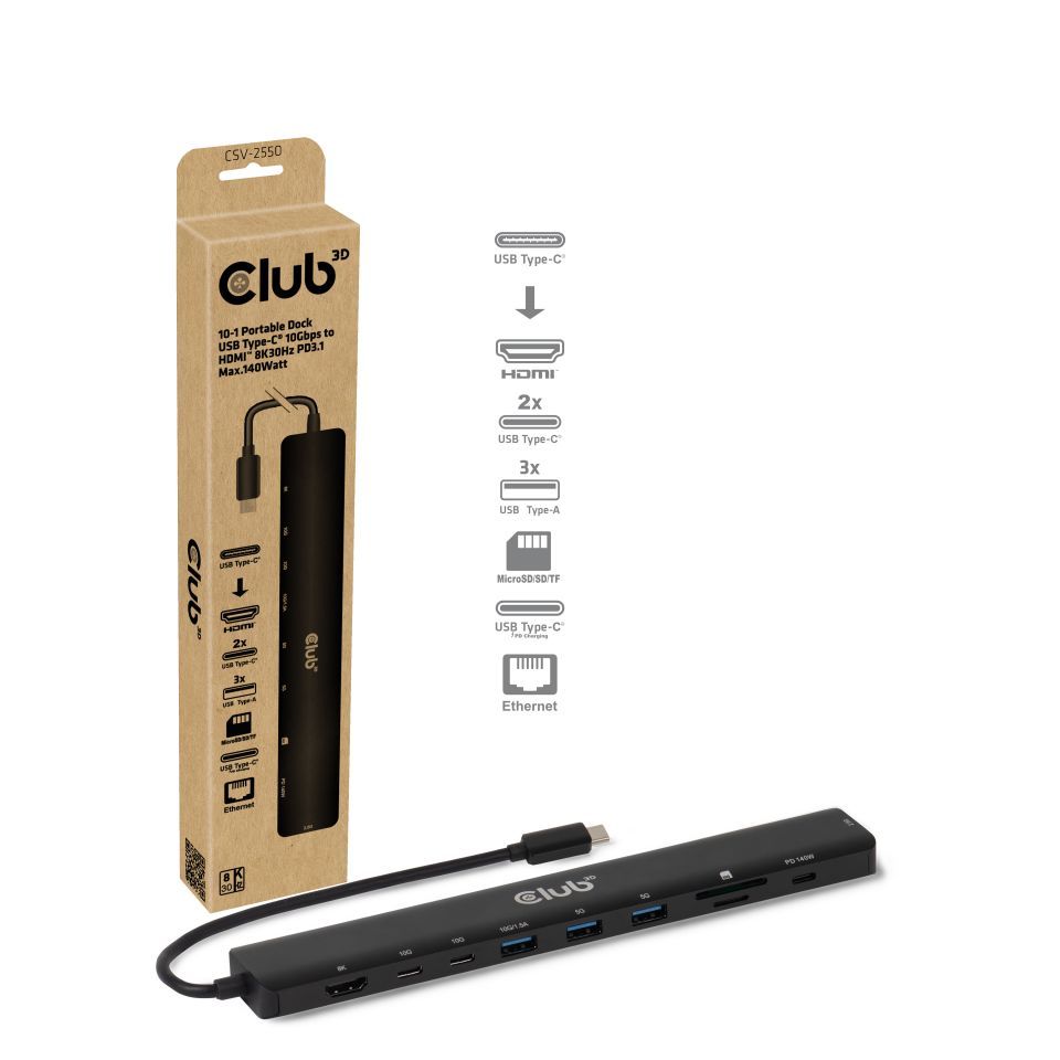 Club3D 10-1 Portable Dock USB Type-C 10Gbps to HDMI 8K30Hz PD3.1 140Watt