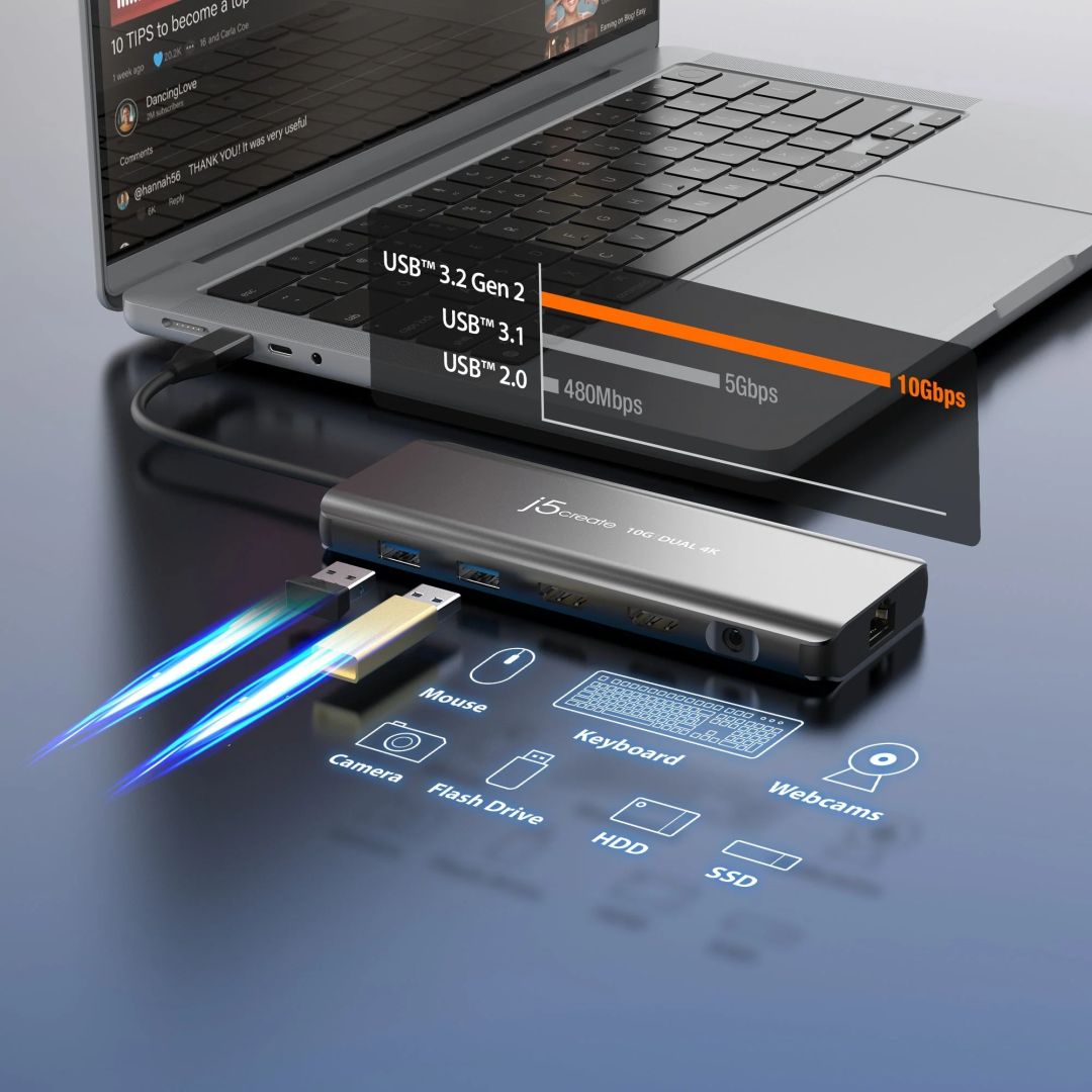 j5create USB-C Dual 4K HDMI 10Gbps Mini Dock Space Grey