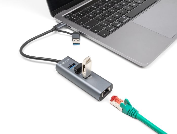 DeLock 3Port USB 5 Gbps Hub + Gigabit LAN with USB Type-C or USB Type-A connector in metal case