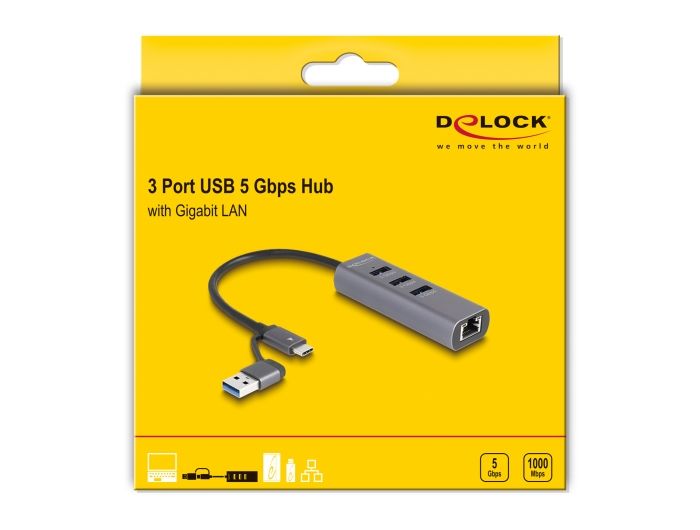 DeLock 3Port USB 5 Gbps Hub + Gigabit LAN with USB Type-C or USB Type-A connector in metal case