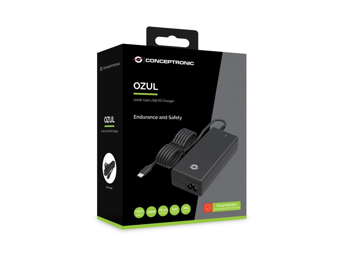 Conceptronic  OZUL03BE 100W GaN Desktop USB PD Charger with AC power cable Black