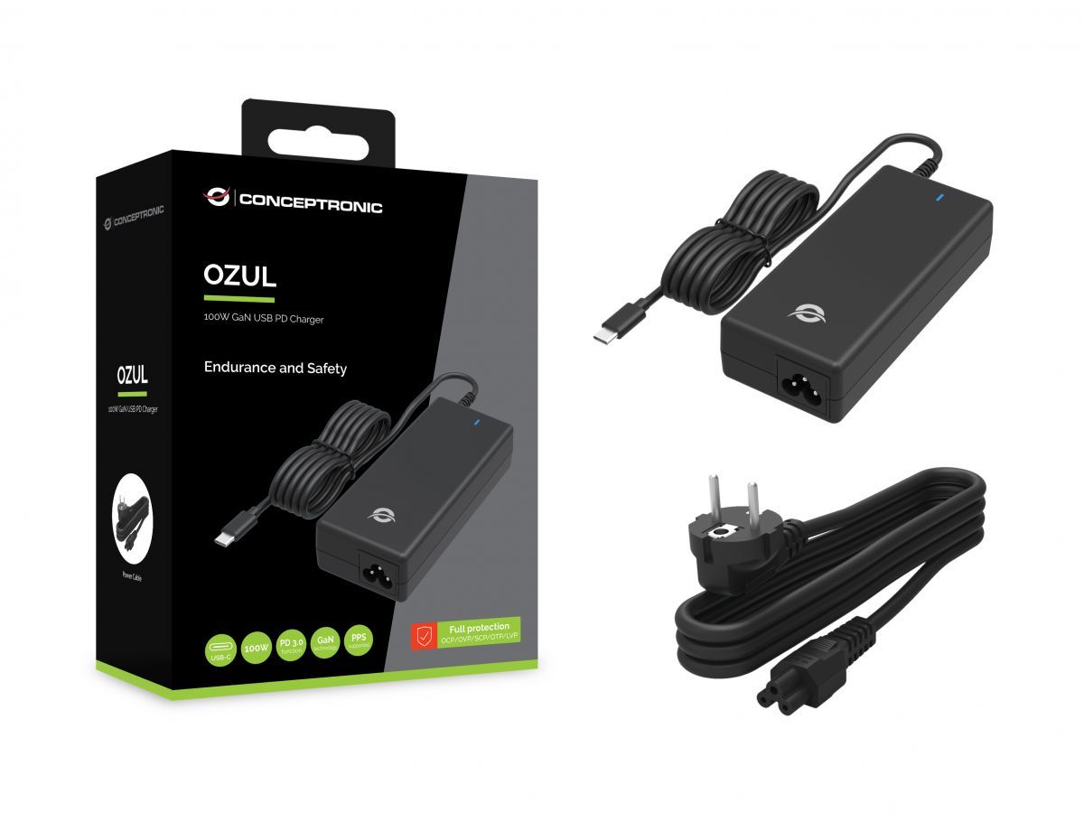 Conceptronic  OZUL03BE 100W GaN Desktop USB PD Charger with AC power cable Black