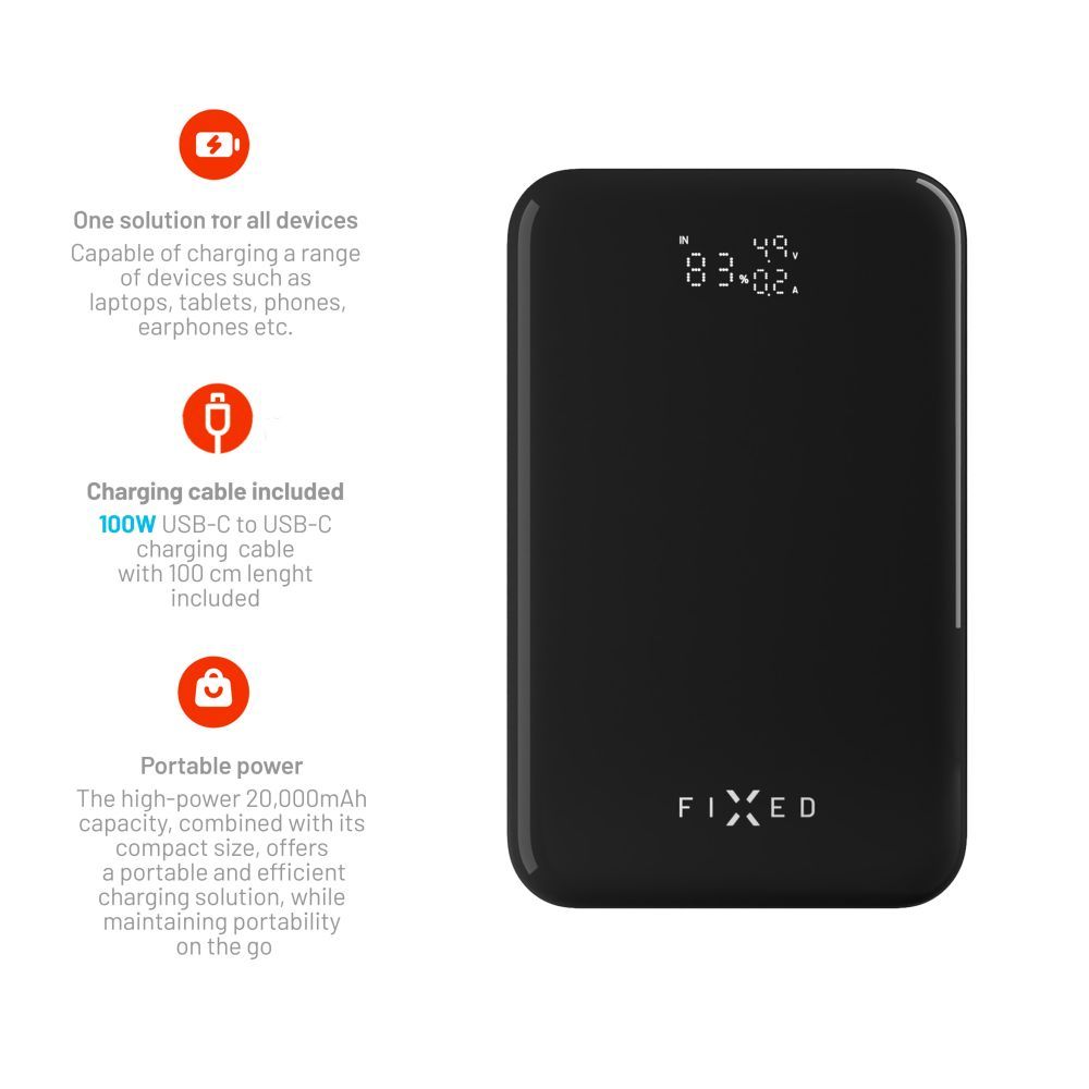 FIXED Zen 20 Pro powerbank LCD kijelzővel, 20,000 mAh, PD3.0, kimenetek:2x USB-C + 1x USB-A, szürke