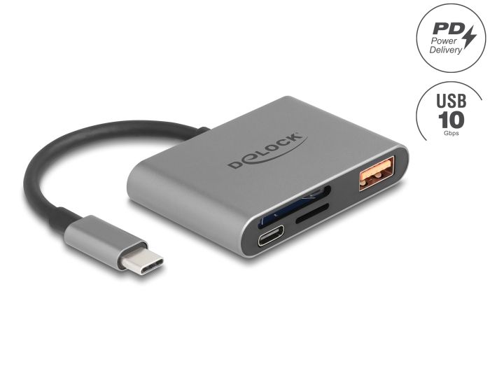 DeLock USB-C Card Reader for SD and Micro SD memory cards + USB 10 Gbps Type-A port and USB Type-C PD 2.0 85 W