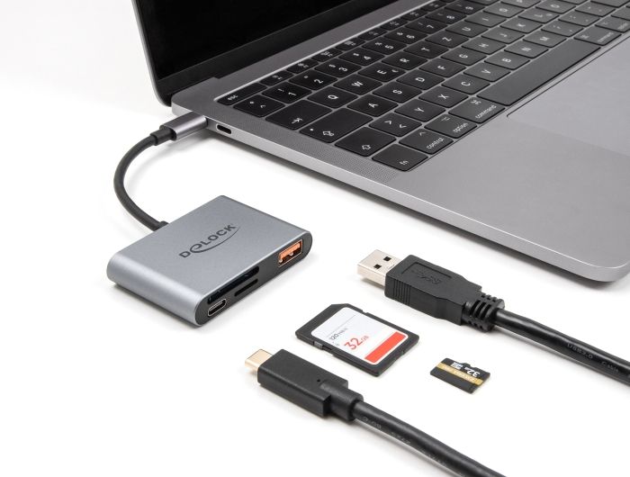 DeLock USB-C Card Reader for SD and Micro SD memory cards + USB 10 Gbps Type-A port and USB Type-C PD 2.0 85 W