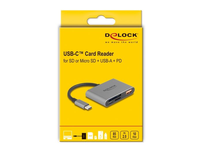 DeLock USB-C Card Reader for SD and Micro SD memory cards + USB 10 Gbps Type-A port and USB Type-C PD 2.0 85 W