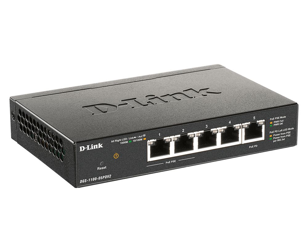D-Link DGS-1100-05PDV2 5-Port Gigabit PoE Smart Managed Switch and PoE Extender