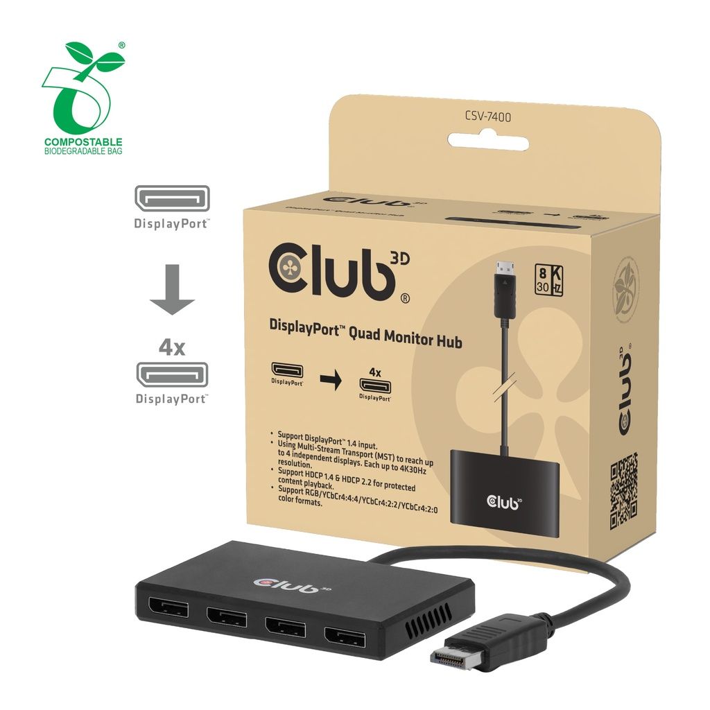 Club3D CSV-7400 DisplayPort Quad Monitor MST 4x4K30Hz