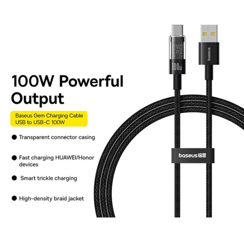 Baseus Gem USB A to USB C 100W fast charging cable 2m Black
