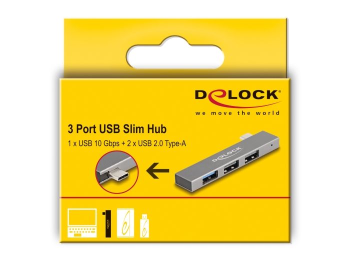 DeLock 3 Port Slim USB Hub with USB Type-C to 1x USB 10 Gbps USB Type-A + 2x USB 2.0 Type-A